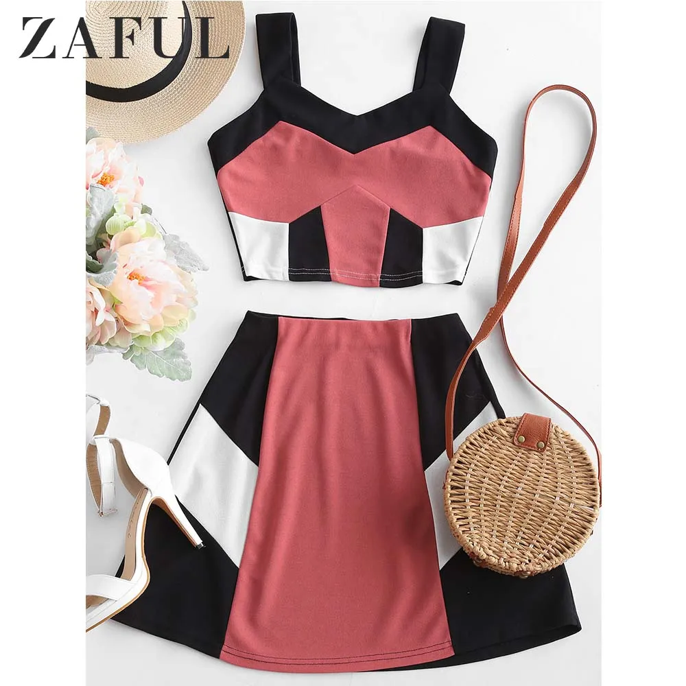ZAFUL Women Sets Sweetheart Collar Sleeveless Crop Color Block Top Elastic Waist Skirt Set Summer Sets Two Pieces Suits 2019
ZAFUL Women Sets Sweetheart Collar Sleeveless Crop Color Block Top Elastic Waist Skirt Set Summer Sets Two Pieces Suits 2019
