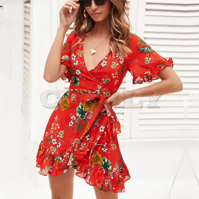 Cuerly Elegant floral print short ruffle dress Summer elegant beach chiffon bow dress Female v neck casual dress vestidos L5
Cuerly Elegant floral print short ruffle dress Summer elegant beach chiffon bow dress Female v neck casual dress vestidos L5