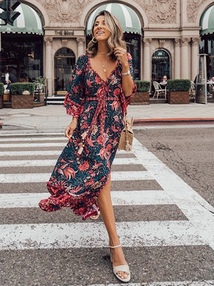 Vintage Floral Print Bohemian Maxi Dresses Button V-Neck Long Women Ruffle Boho Chic Beach Party Holiday Wear Dresses Vestidos
Vintage Floral Print Bohemian Maxi Dresses Button V-Neck Long Women Ruffle Boho Chic Beach Party Holiday Wear Dresses Vestidos