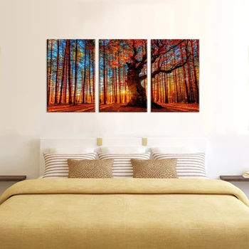 

Landscape Red Forest Woods Sunset Nature Picture Large Canvas Art Print Big Trees on Mountain for Home Decor Posters and Prints