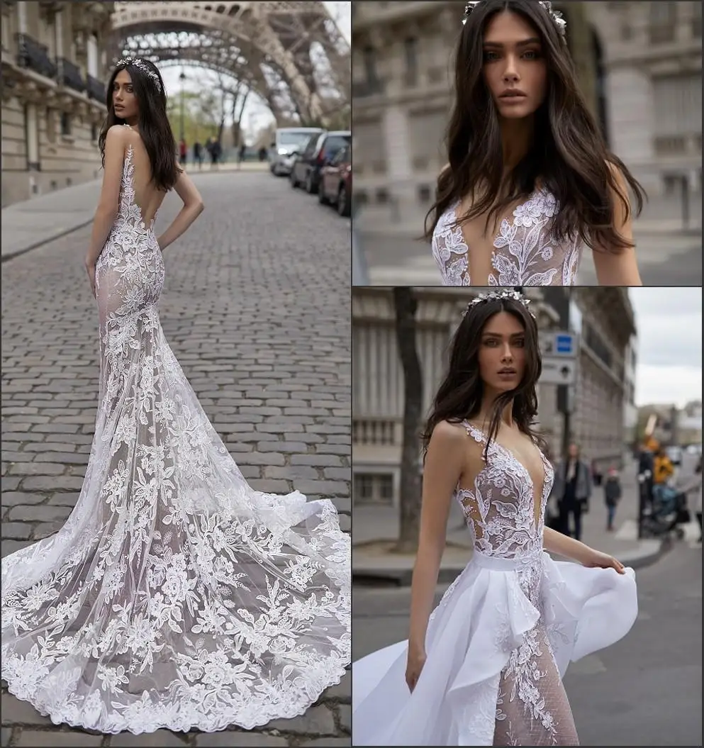 2019 Sexy Backless Lace Wedding Dress Mermaid Trumpet Plunge V Neck Beach Wedding Bridal Dresses With Overskirt Modest
2019 Sexy Backless Lace Wedding Dress Mermaid Trumpet Plunge V Neck Beach Wedding Bridal Dresses With Overskirt Modest