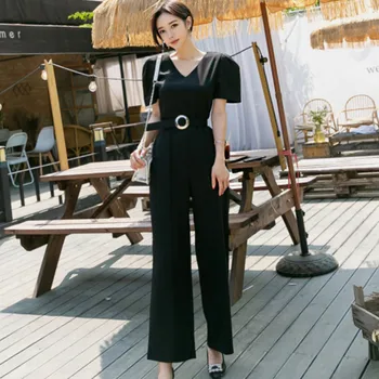 Women Puff Short Sleeve Black Overalls Belt Vintage V-Neck Casual Office Jumpsuit
Women Puff Short Sleeve Black Overalls Belt Vintage V-Neck Casual Office Jumpsuit