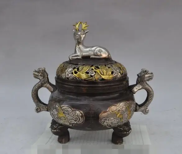 S3538 11"china palace bronze gilt silver dragon deer crane bird statue incense burner 
S3538 11"china palace bronze gilt silver dragon deer crane bird statue incense burner