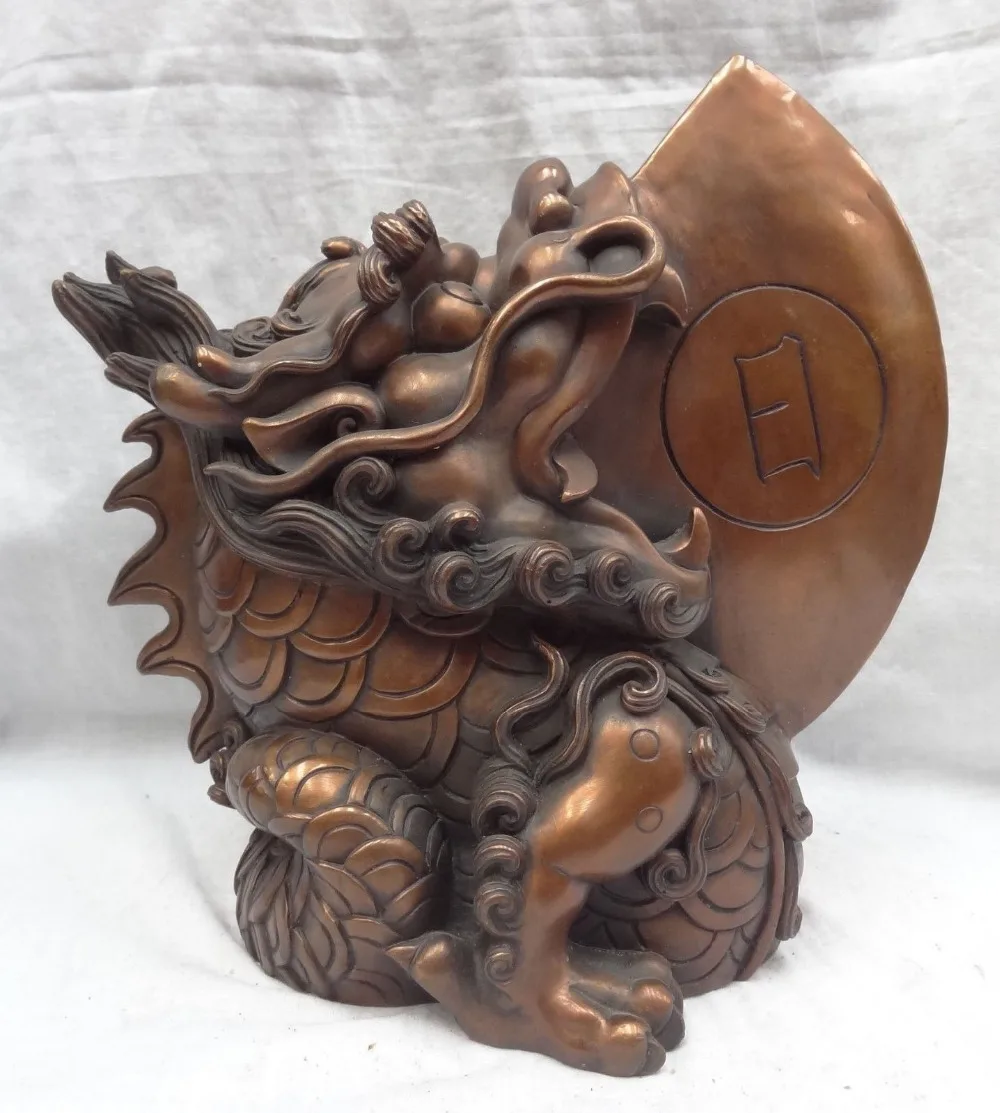 10" Chinese Pure Bronze FengShui Animals BiXie Dragon Ri Yue Lion Head Statue