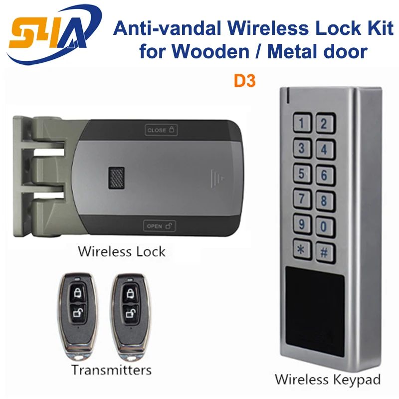 D3 Anti-vandal Wireless Lock Kit include Wireless Keypad (metal&waterproof) + Wireless Lock + two Remote Transmitters
D3 Anti-vandal Wireless Lock Kit include Wireless Keypad (metal&waterproof) + Wireless Lock + two Remote Transmitters