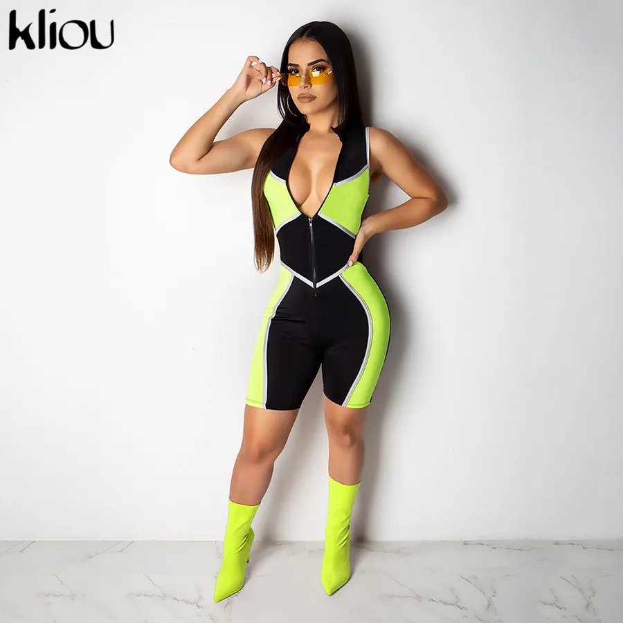 

Kliou women patchwork playsuit sleeveless reflective striped 2019 elastic skinny short rompers female casual sportswear bodysuit