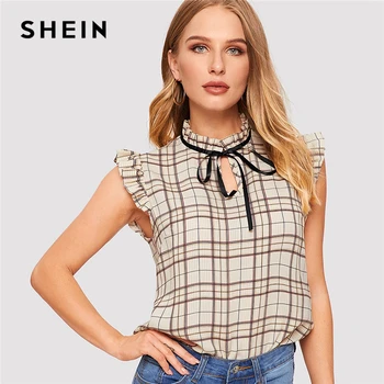 SHEIN Apricot Knot Neck Frill Trim Plaid Top Summer Sleeveless Blouse Women Stand Collar Elegant Office Lady Preppy Blouses
SHEIN Apricot Knot Neck Frill Trim Plaid Top Summer Sleeveless Blouse Women Stand Collar Elegant Office Lady Preppy Blouses
