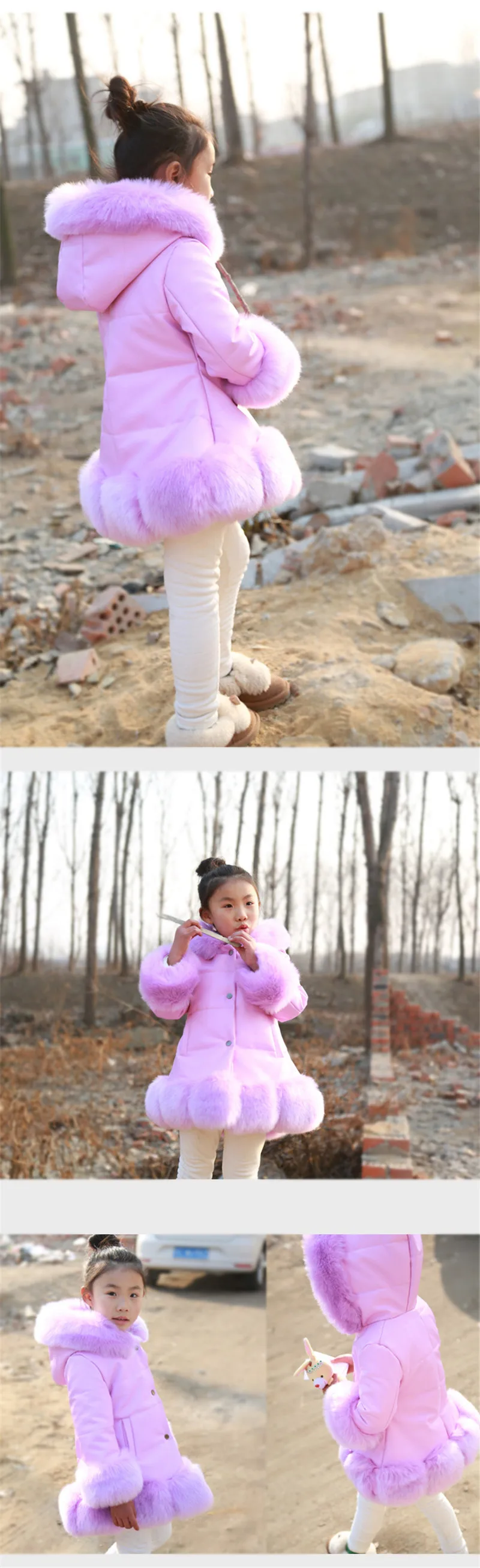 Solid Baby Girl Down Coat Cute Faux Fur Overcoat For 2 12yrs Girls