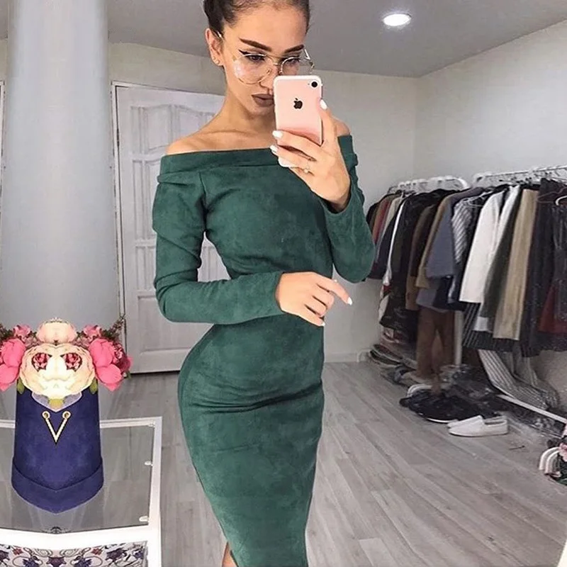 Suede Long Sleeve Off Shoulder Women Mid-Calf Dress 2018 Autumn Winter Female Sexy Bodycon Christmas Party Dresses
Suede Long Sleeve Off Shoulder Women Mid-Calf Dress 2018 Autumn Winter Female Sexy Bodycon Christmas Party Dresses