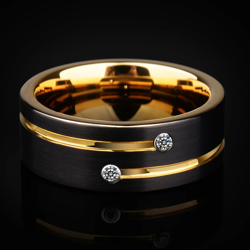 

High Polished 8mm Width Mens Wedding Bands Gold/Black Two Tones Tungsten Rings with Groove CZ Stone Size 6-13