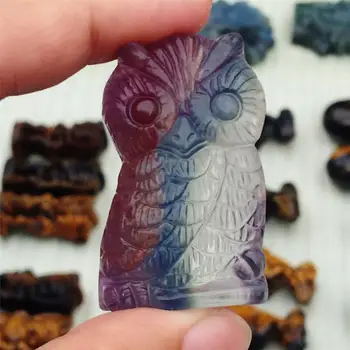 

1pcs AAAA Natural crystal gemstone colored fluorite carved animal owl crystal unicorn statue decorated cartoon animation