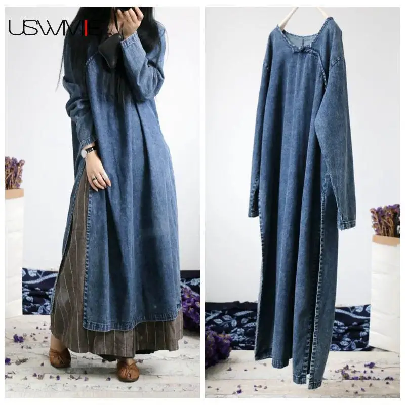 USWMIE 2018 Spring Women Dresses New Art Retro O-neck Long Sleeve Loose Denim Dress Solid Color Long Pattern Plus Size Vestidos
USWMIE 2018 Spring Women Dresses New Art Retro O-neck Long Sleeve Loose Denim Dress Solid Color Long Pattern Plus Size Vestidos