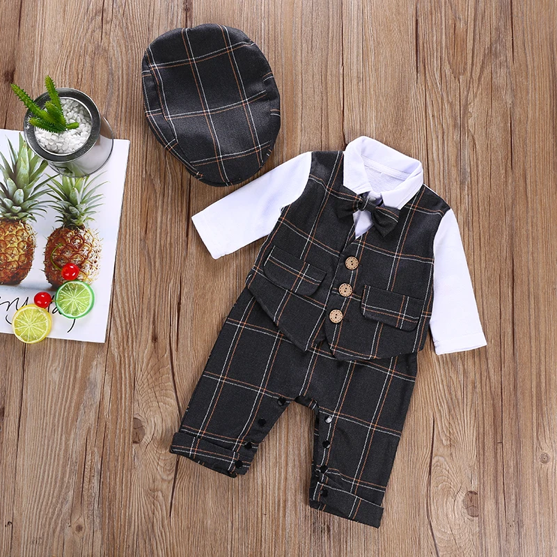 Infant Baby Clothes Fake Two Piece Plaid Romper Brown Bow Botton Jumpsuit Hat Bebe Outfit Kids Clothes
Infant Baby Clothes Fake Two Piece Plaid Romper Brown Bow Botton Jumpsuit Hat Bebe Outfit Kids Clothes