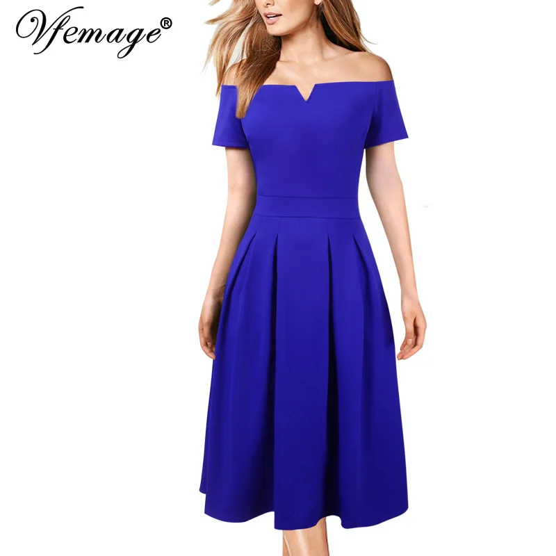 

Vfemage Womens Sexy Off Shoulder Pockets Pleated Cocktail Party Club Fit and Flare Swing A-Line Skater Midi Mid-Calf Dress 9458