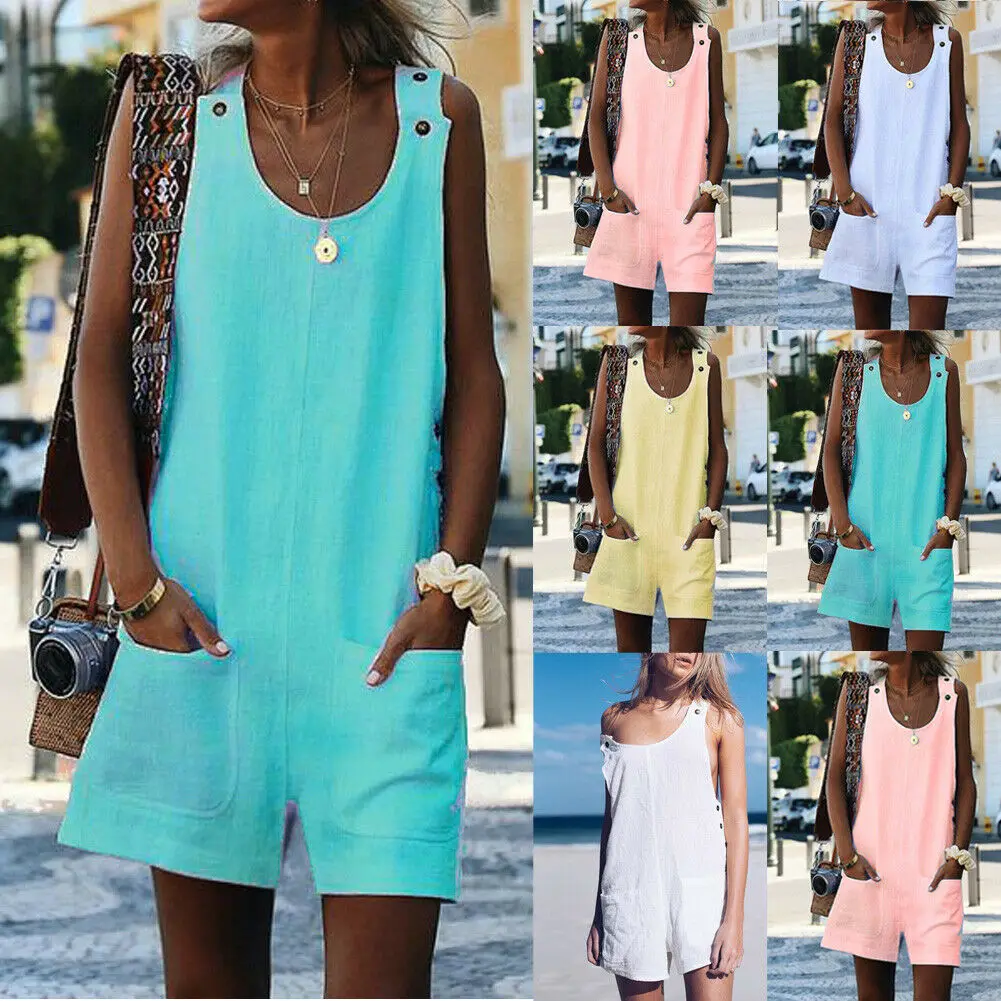 Women Summer Casual Sleeveless Playsuit Loose Linen Cotton Jumpsuit Dungarees Playsuit Spaghetti-Strap V Neck Pockets Rompers
Women Summer Casual Sleeveless Playsuit Loose Linen Cotton Jumpsuit Dungarees Playsuit Spaghetti-Strap V Neck Pockets Rompers