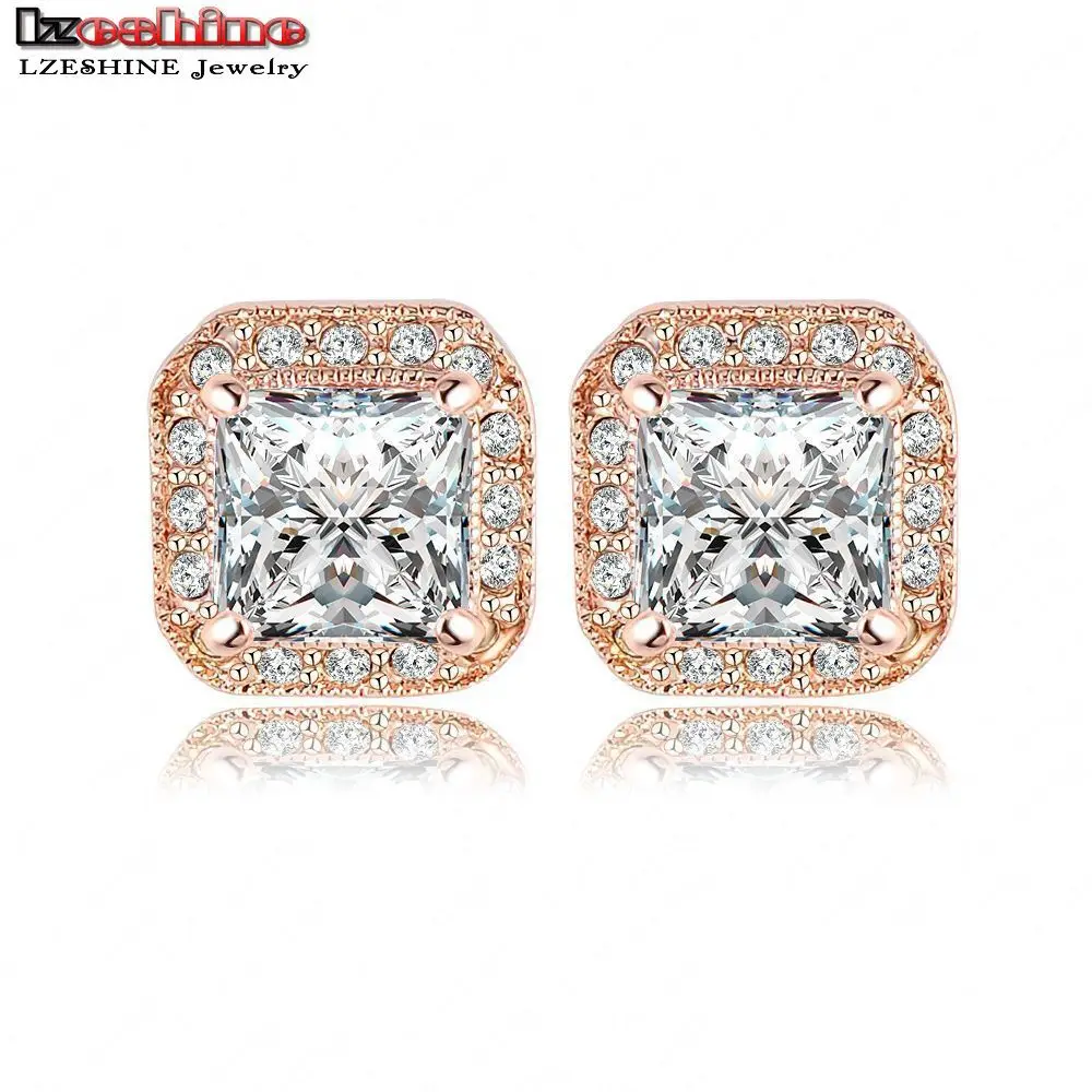 Image LZESHINE Brand Sparkling Square Stud Earring Rose Gold Plate Platinum Plated SWA Elements Austrian Crystals Earrings ITL ES0062