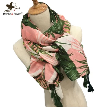 

Marte&Joven Leaves Print Polyester Long Shawls Wraps for Women Green&Pink Spring Warm Stoles Scarf Elegant Ladies Muslim Hijab