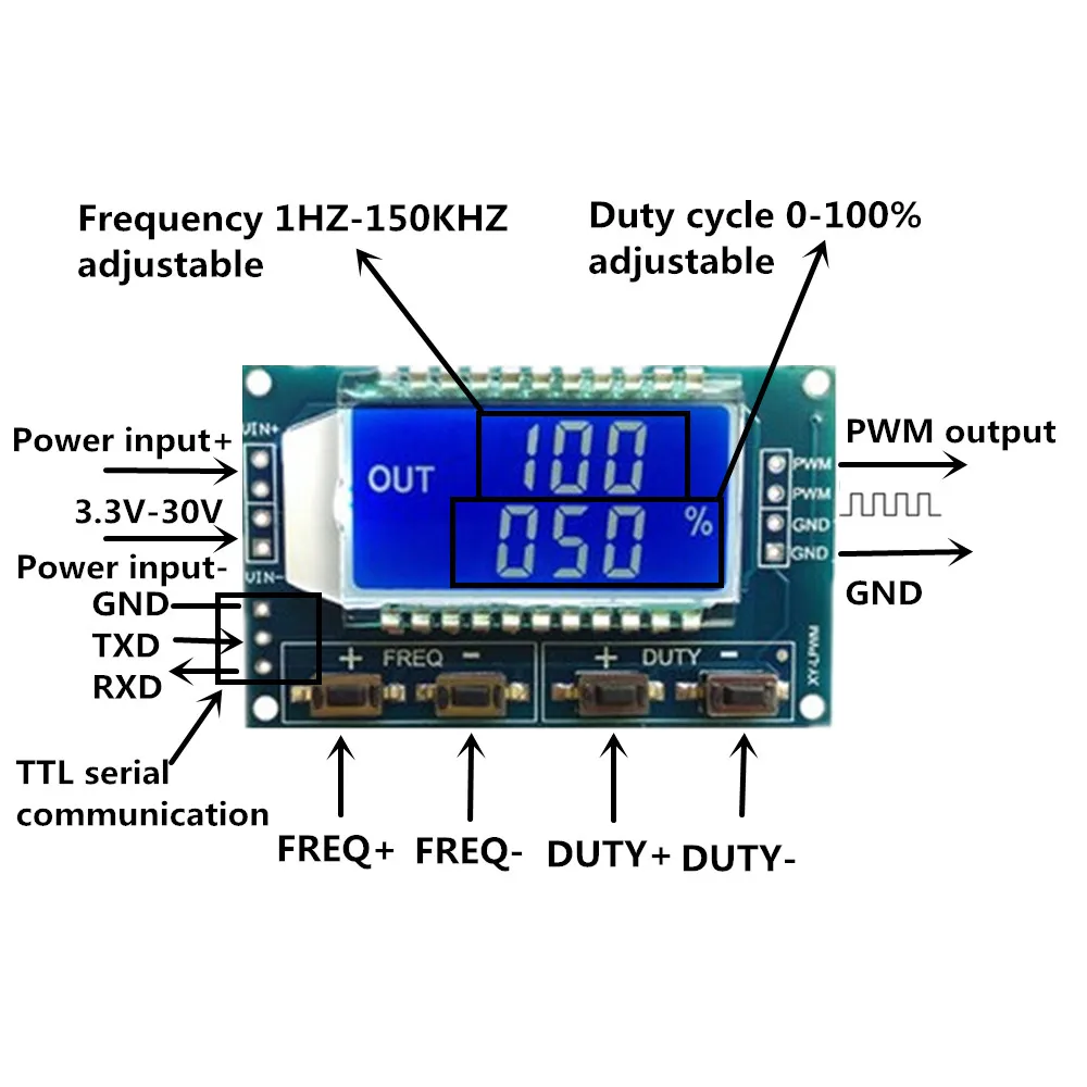 Signal Generator PWM Pulse Frequency Duty Cycle Adjustable Module LCD Display 1Hz-150Khz 3.3V-30V PWM Board Module
Signal Generator PWM Pulse Frequency Duty Cycle Adjustable Module LCD Display 1Hz-150Khz 3.3V-30V PWM Board Module