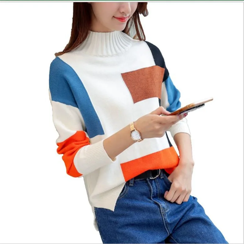 2019 Autumn Winter Sweater Women Geometric Color Pullover Jumper Long Sleeve Turtleneck Knitted Tops Loose Femme Sweater CQ2584
2019 Autumn Winter Sweater Women Geometric Color Pullover Jumper Long Sleeve Turtleneck Knitted Tops Loose Femme Sweater CQ2584