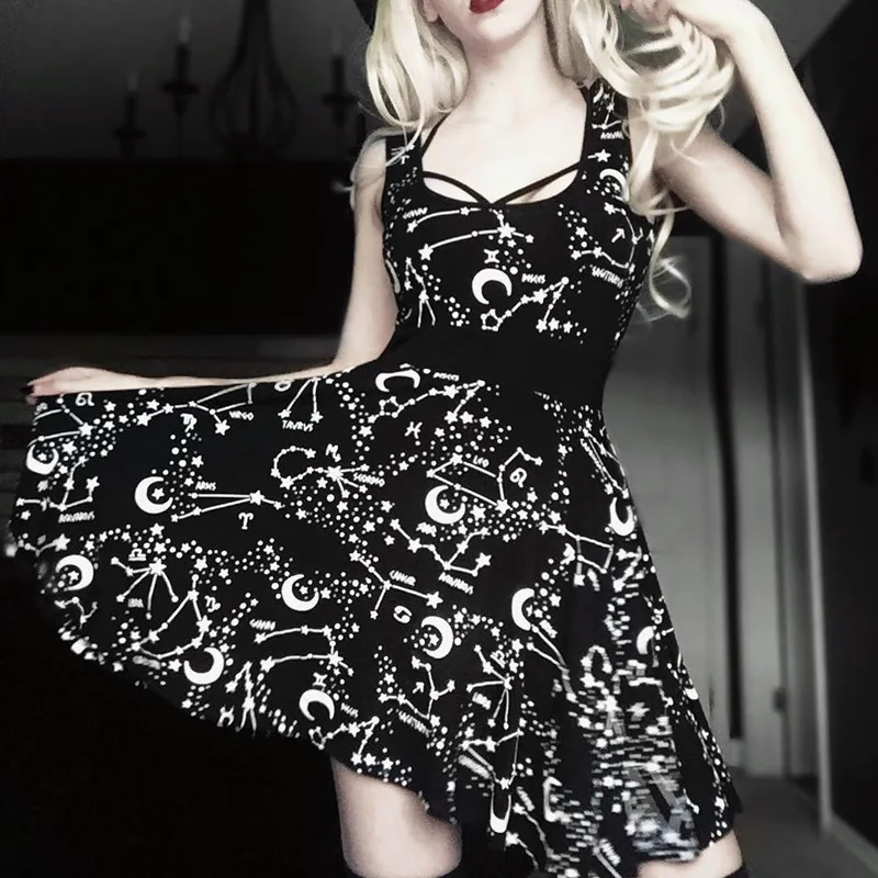 Gothic Dress Cool Sleeveless Streetwear Punk Dress Black Galaxy Star High Waist Mini Moon Dress Sexy Club Women Harajuku Dress
Gothic Dress Cool Sleeveless Streetwear Punk Dress Black Galaxy Star High Waist Mini Moon Dress Sexy Club Women Harajuku Dress