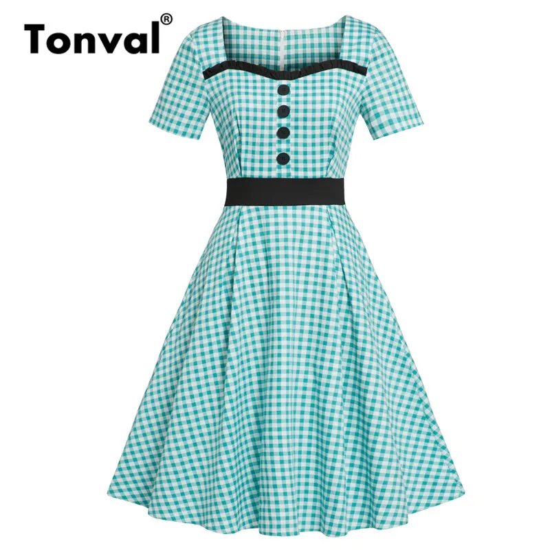 

Tonval Turquoise Gingham Elegant Ruffle Sweetheart Neck Vintage Dress Women Buttons Short Sleeve Rockabilly Plaid Midi Dresses