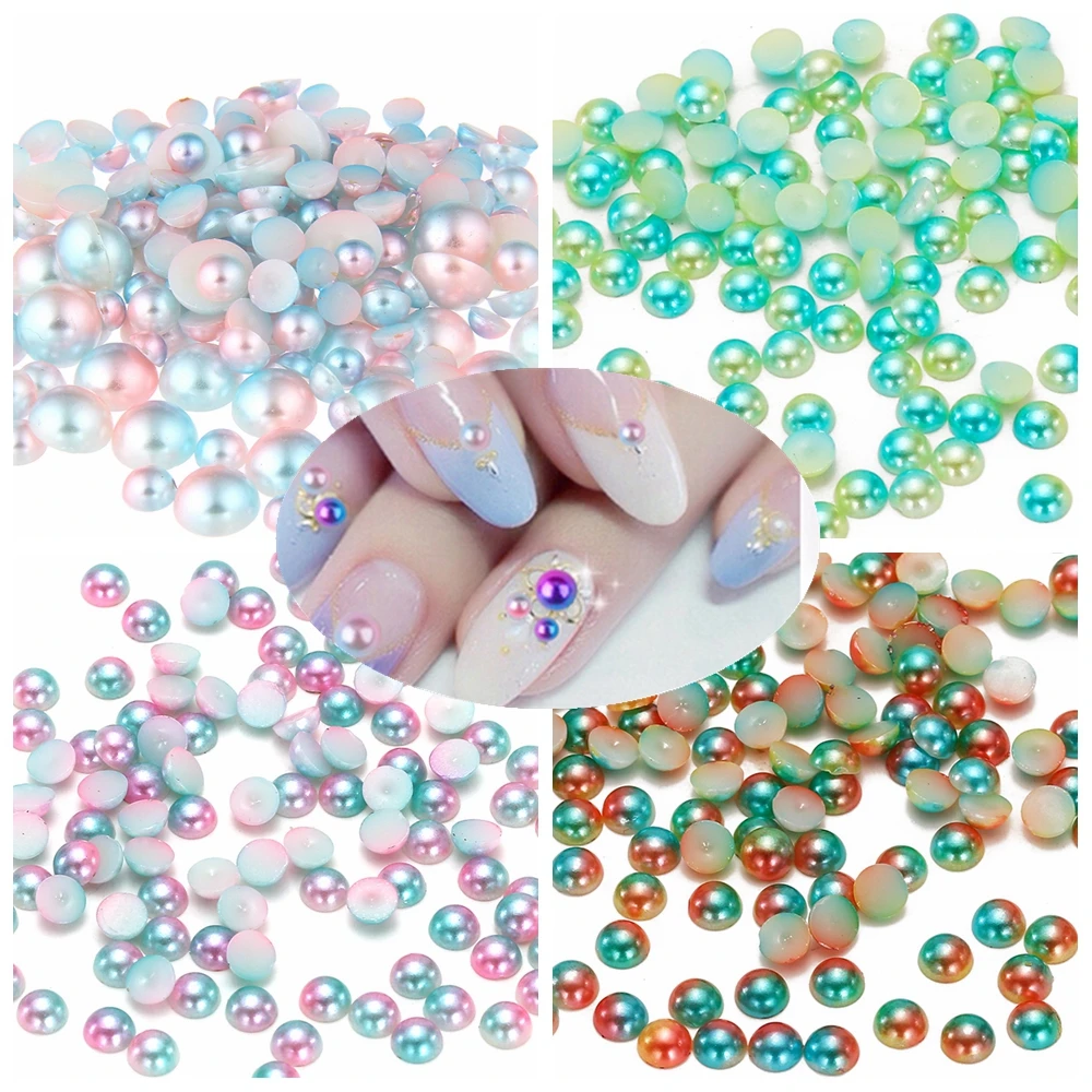 

Small Pack 3/4/5/6mm Gold And Olive And Eas Blue RainBow Color Half Round Pearls Flatback Imitation DIY Nail Art Decorations