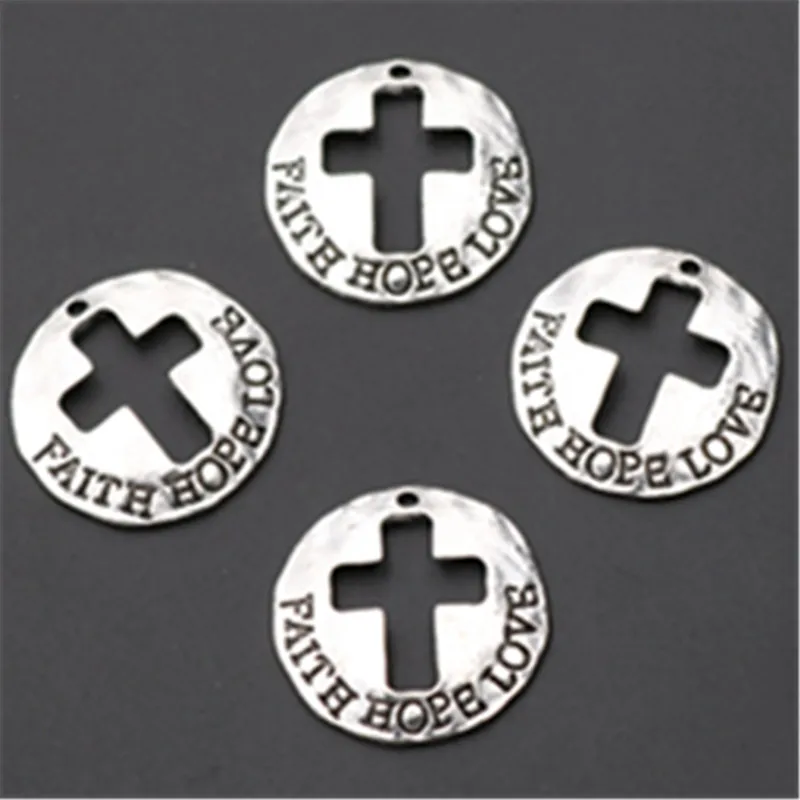 10pcs Silver Plated Faith Hope Love Tag Hollow Crosses Pendant DIY Charm Catholic Bracelet Necklace Jewelry Craft Making 23mm | Украшения и