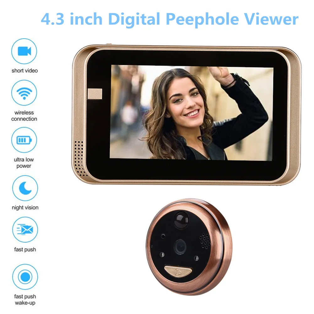 4.3Inch Peephole WiFi HD720P Doorbell With Camera Intercom APP Remote Control For IOS Andriod PIR Motion Detect Alarm Video Eyes
4.3Inch Peephole WiFi HD720P Doorbell With Camera Intercom APP Remote Control For IOS Andriod PIR Motion Detect Alarm Video Eyes