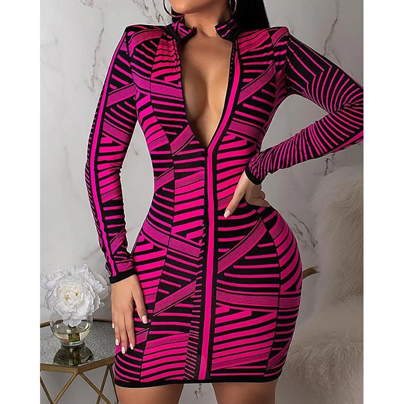 Sexy Contrast Color Patchwork Bodycon Dress Women Stripes Long Sleeve Zipper Dress Deep V Neck Package Hip Robe Femme
Sexy Contrast Color Patchwork Bodycon Dress Women Stripes Long Sleeve Zipper Dress Deep V Neck Package Hip Robe Femme
