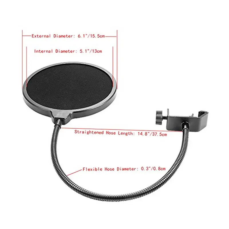 Double Layer Pop Filter PF-60 Black 6-Inch Clamp On Microphone Mic For Condenser Microphone Studio Recording Spray Guard Karaoke-2