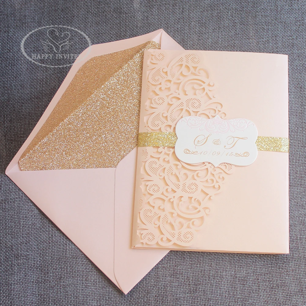 HI3047-01 Custom Pink Pocket Fold Wedding Invitation Card with Gold Foil Made in China