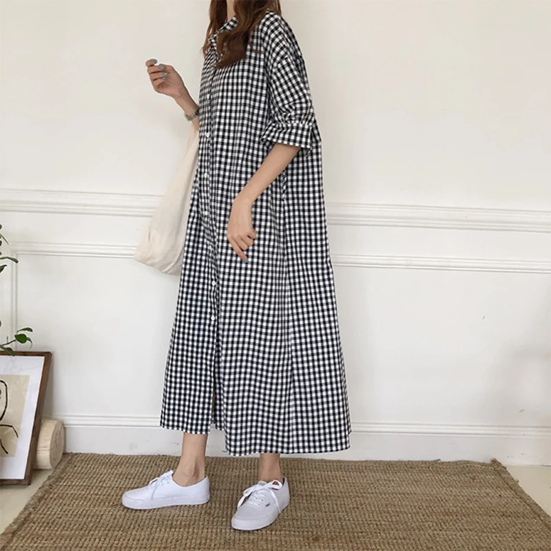 Dress women's spring and summer women's long plaid shirt dress loose short-sleeved dress retro check black casual
Dress women's spring and summer women's long plaid shirt dress loose short-sleeved dress retro check black casual