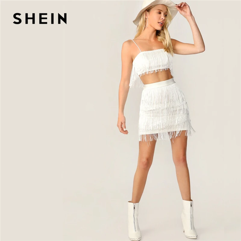 

SHEIN Sexy White Fringe Detail Cami Crop Top and Layered Bodycon Skirt 2 Piece Set Women Summer Solid Club Party Two Piece Set