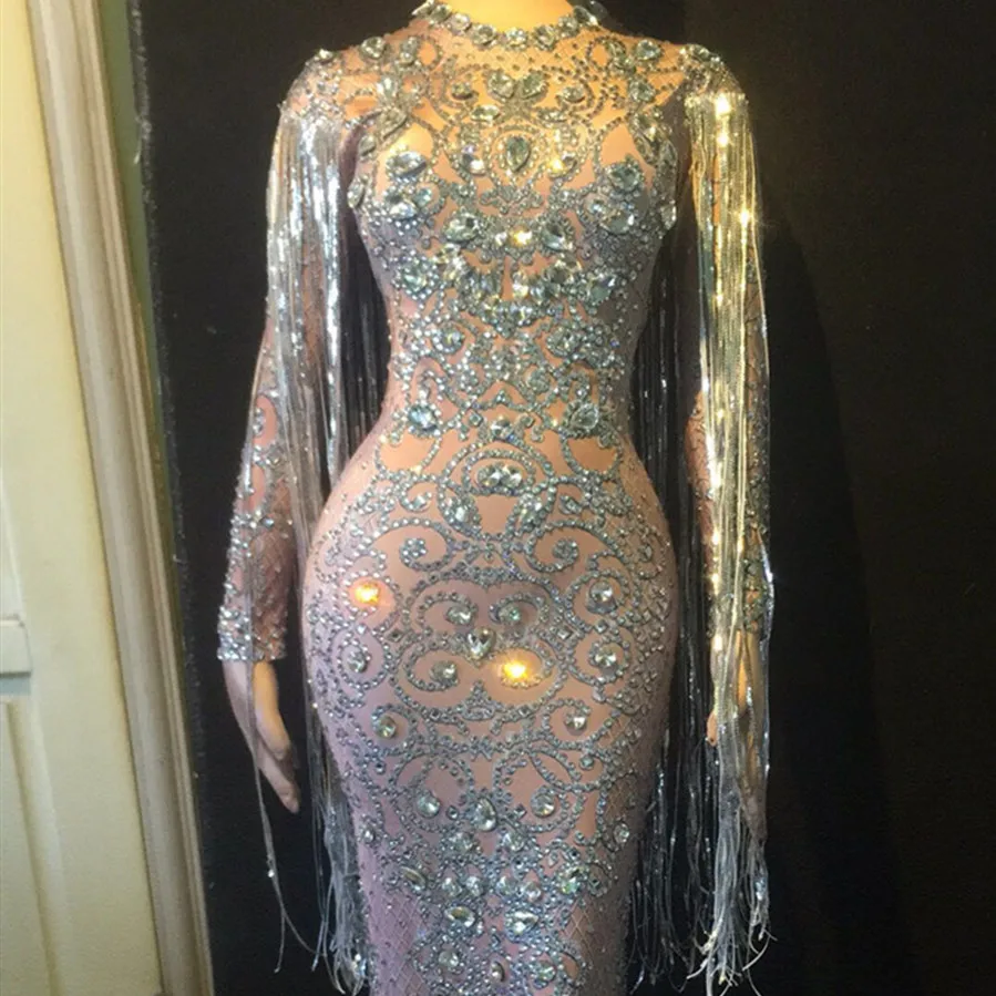 Woman Mesh Perspective Sparkly Crystals Long Dress Rhinestones Dresses Party Birthday Celebrate Costume Fringes Dress
Woman Mesh Perspective Sparkly Crystals Long Dress Rhinestones Dresses Party Birthday Celebrate Costume Fringes Dress