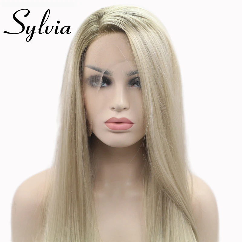 

Sylvia Ombre Blonde Glueless Lace Front Wigs 2 Tone Color Brown Roots side Part Long Straight Heat Resistant Synthetic womenHair