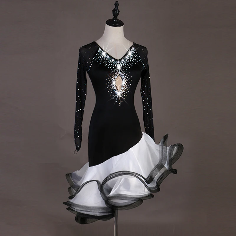 Фото Женское платье для латинских танцев с длинным рукавом блестящее Сетчатое |
