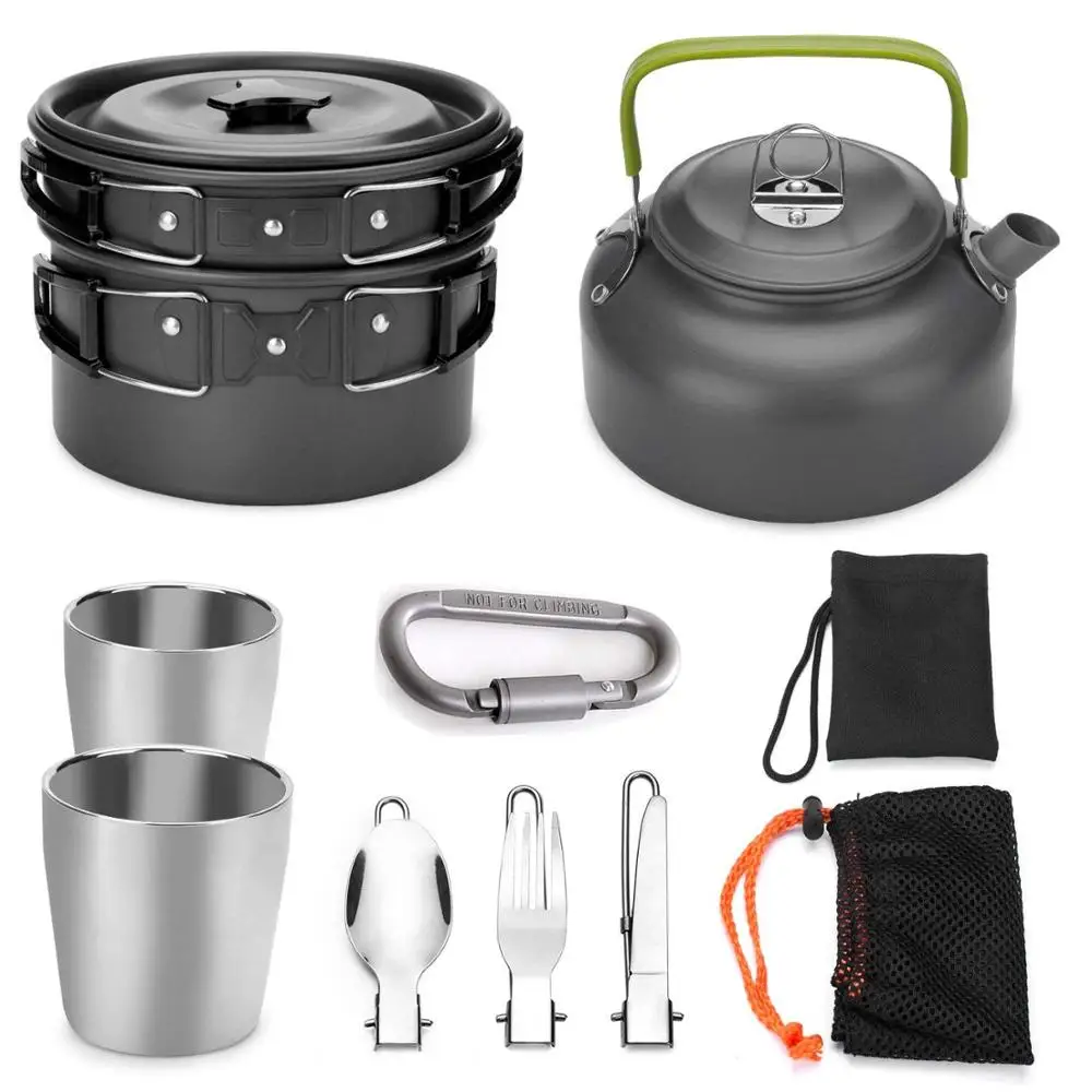 10pcs Camping Cookware Mess Kit, Portable Pot Pan Kettle with 2 Cups, Fork Knife Spoon Kit for Backpacking Outdoor Camping Kit
10pcs Camping Cookware Mess Kit, Portable Pot Pan Kettle with 2 Cups, Fork Knife Spoon Kit for Backpacking Outdoor Camping Kit