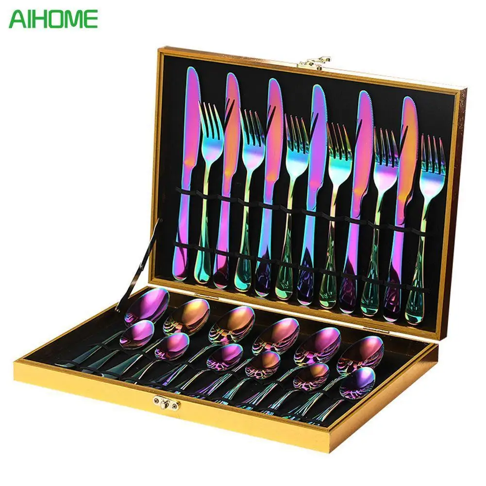 16 PCS /24 PCS Rainbow Colorful Gold-Plated Stainless Steel Cutlery Spoon Four-Piece Set For Hotel Tableware Gift Party Supplies
16 PCS /24 PCS Rainbow Colorful Gold-Plated Stainless Steel Cutlery Spoon Four-Piece Set For Hotel Tableware Gift Party Supplies