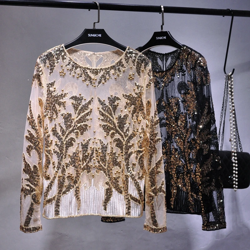 Sexy Sequined embroidery Rose Flower Shirt shiny Transparent gauze Heavy Beading Blouses blusa camisa luxury party club Tops
Sexy Sequined embroidery Rose Flower Shirt shiny Transparent gauze Heavy Beading Blouses blusa camisa luxury party club Tops