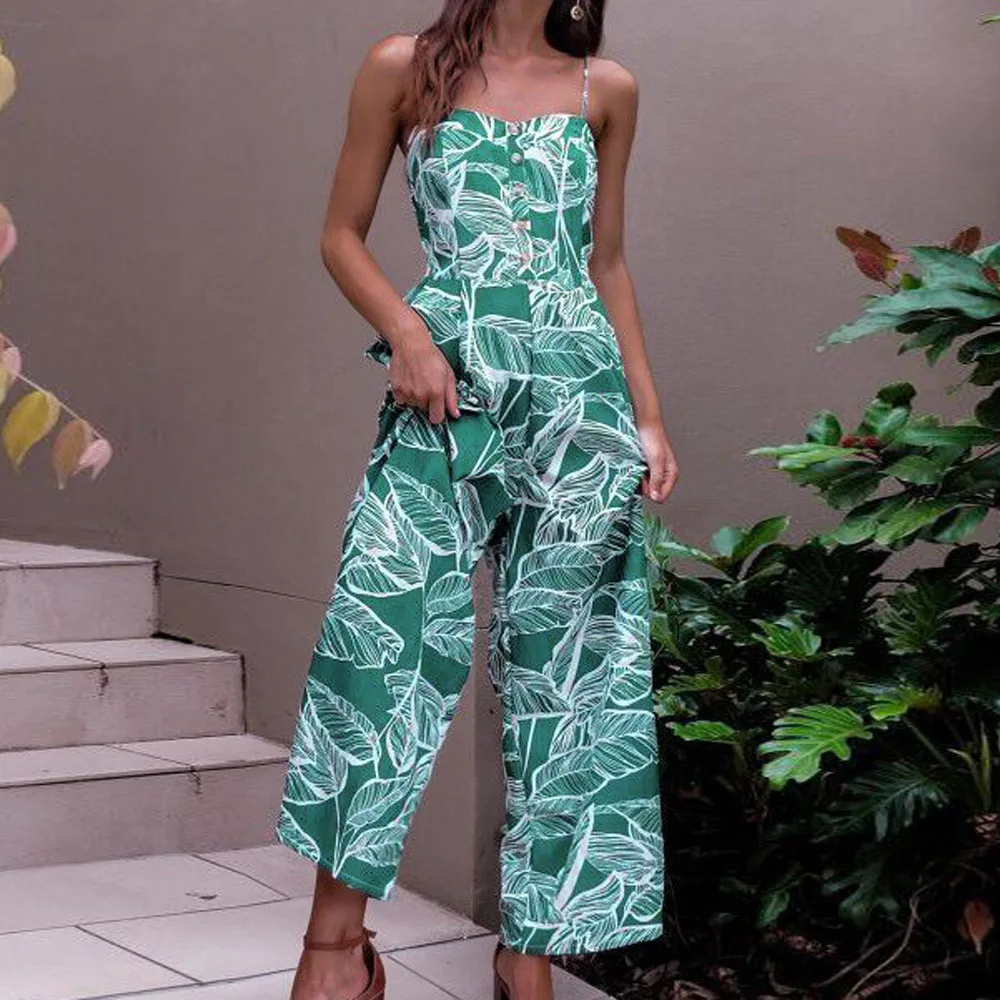 

Summer Jumpsuits 2019 Spaghetti Strap Boho Tropical Palm Leaf Print High Waist Shirred Wide Leg Cami Palazzo bodysuit women