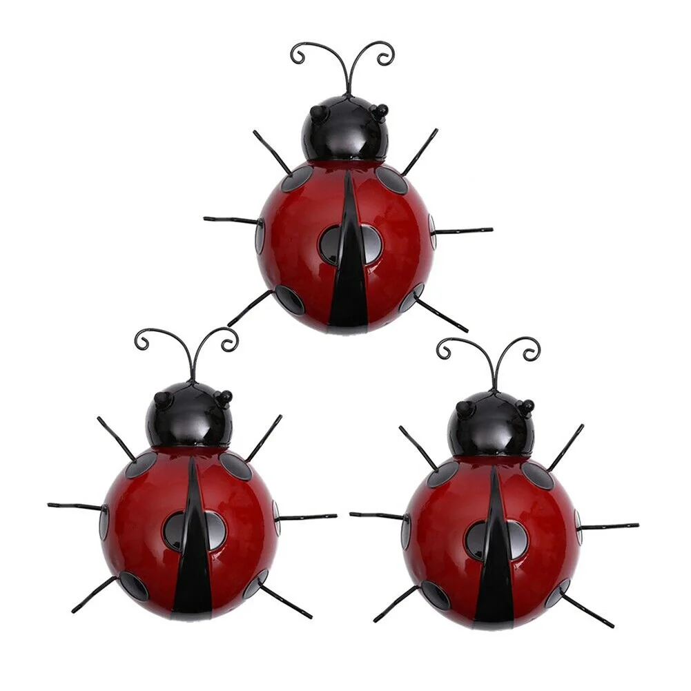 

3pcs Craft Decoration Wall Art Weatherproof Hanging Ornament Garden Anti Fade Outdoor Sturdy Fence Ladybug Shape Home Iron