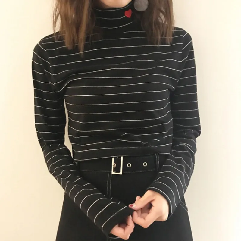 Solid Color Embroidery Love High Collar Stretch Cotton Thickening Base T-shirt Warm Shirt Striped Women T Shirt Autumn Winter
Solid Color Embroidery Love High Collar Stretch Cotton Thickening Base T-shirt Warm Shirt Striped Women T Shirt Autumn Winter