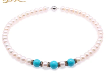 Classical 10-10.5mm White Pearl Necklace With Blue Turquoises AAA 18 Inches 
Classical 10-10.5mm White Pearl Necklace With Blue Turquoises AAA 18 Inches
