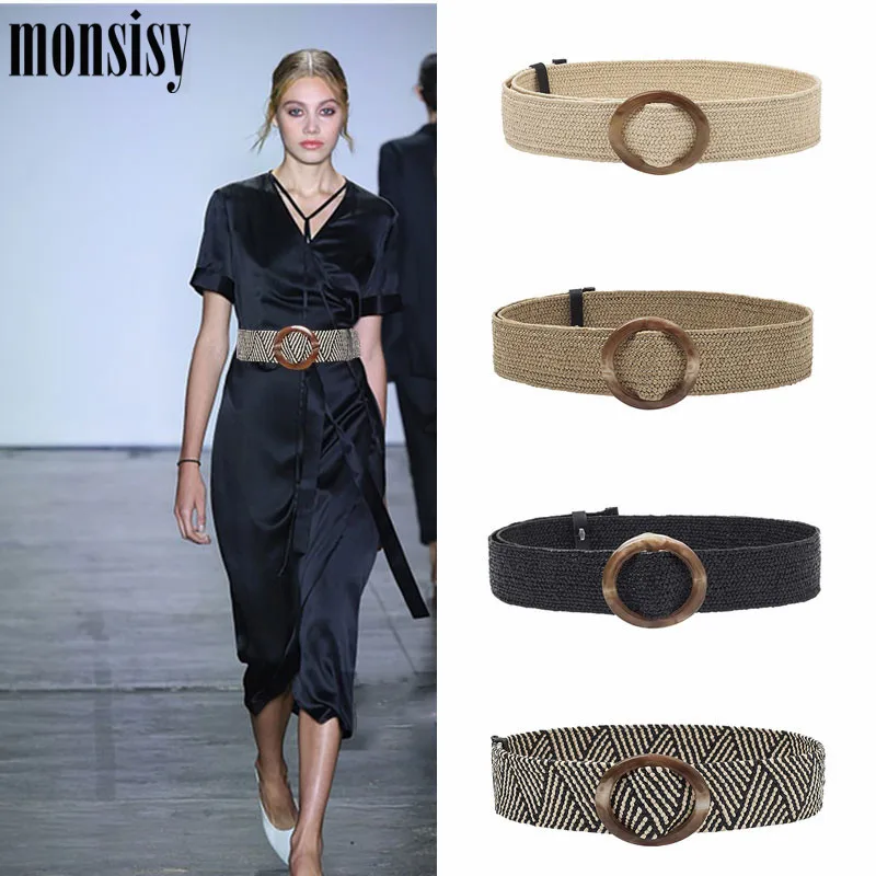 Monsisy 2019 женский плетеный ремень соломенная круглая пряжка широкие ремни для