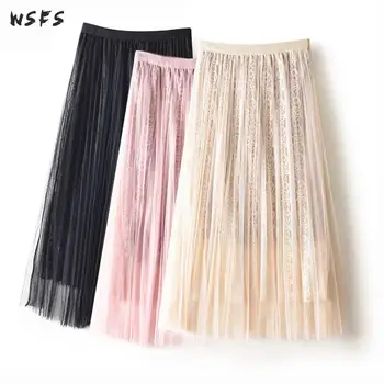 Summer Pleated Lace Skirt Mesh Pink Khaki Black Elastic Waist Long Skirts Womens Long Sexy Party Sweet Elegant Ladies Midi Skirt
Summer Pleated Lace Skirt Mesh Pink Khaki Black Elastic Waist Long Skirts Womens Long Sexy Party Sweet Elegant Ladies Midi Skirt