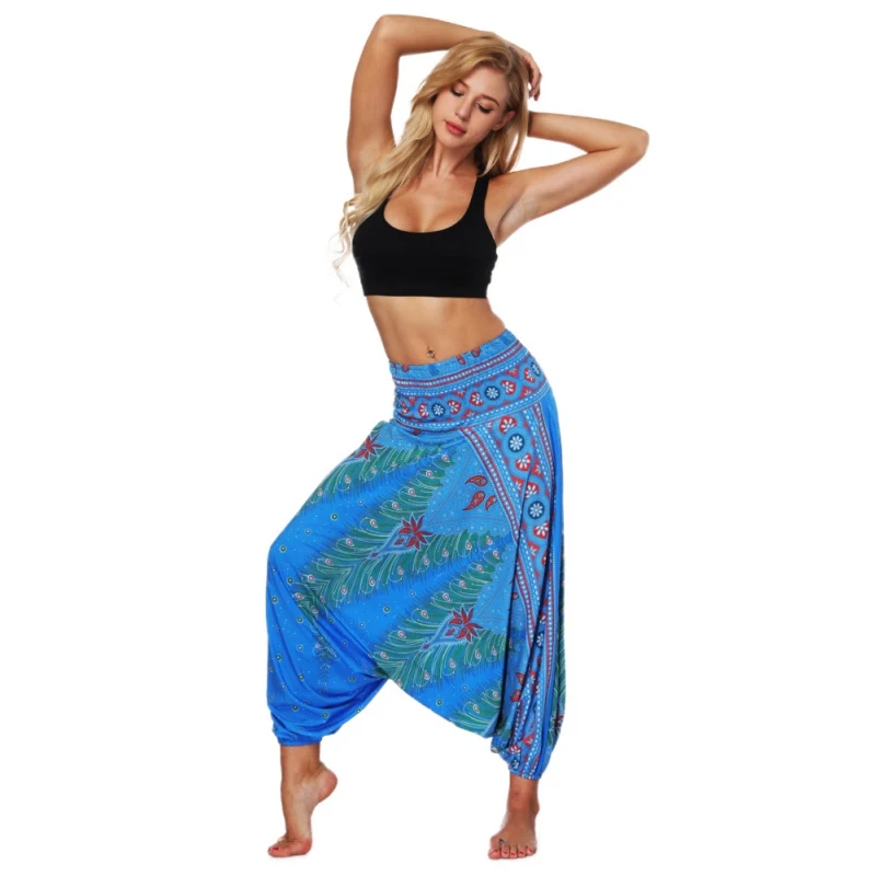 

2019Yoga Pants Women Indonesian National Style Multicolored Printed Polyester Wide Loose Bloomers Belly Dance Running Sportswear
