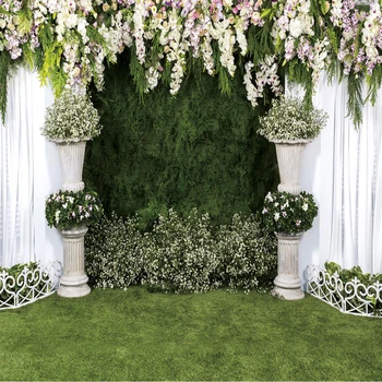 

Elegant Wedding Background for Photo Studio Printed White Curtains Green Pine Leaves Flowers Party Booth Backdrop Grass Floor