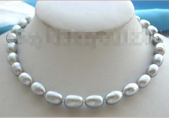 17" Genuine Natural 14mm Gray Rice Pearl Necklace Zircon clasp (A0329)