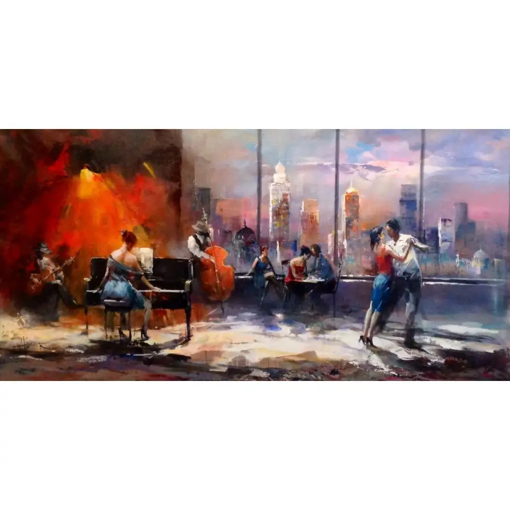 

contemporary art Playing music with view on skyline Willem Haenraets Canvas oil paintings for living room handmade High quality