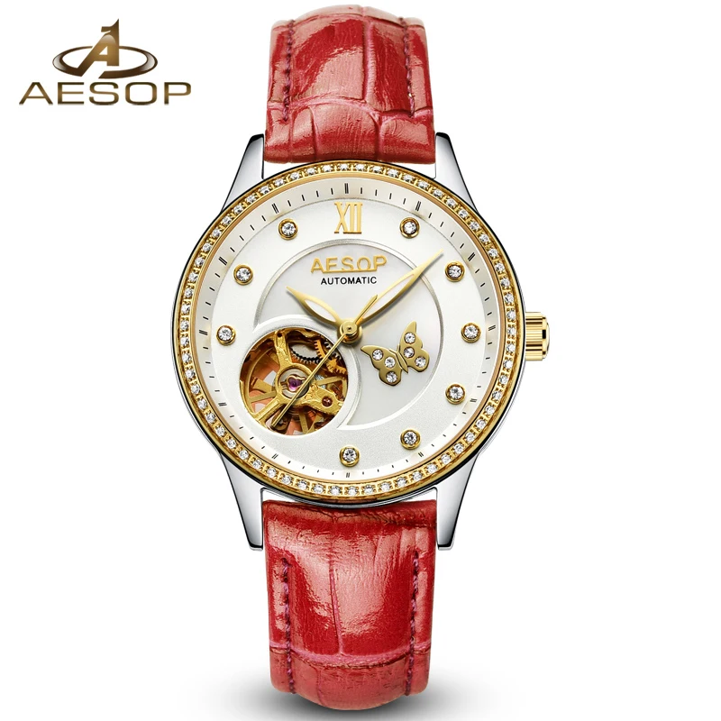 AESOP Women Butterfly Watch Tourbillon Automatic Mechanical Diamond Wristwatch Red Leather Starp Waterproof Elogio Feminino
AESOP Women Butterfly Watch Tourbillon Automatic Mechanical Diamond Wristwatch Red Leather Starp Waterproof Elogio Feminino